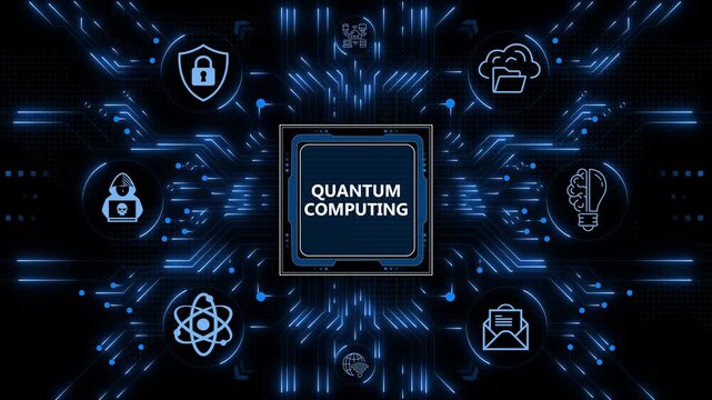 Quantum computing processor on a blue glowing motherboard background with digital security and cloud icons representing advanced supercomputing power.