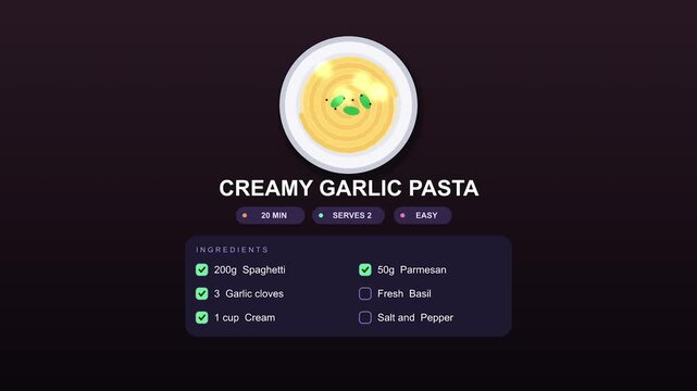 Creamy garlic pasta dish animated graphic with ingredients and price overlay