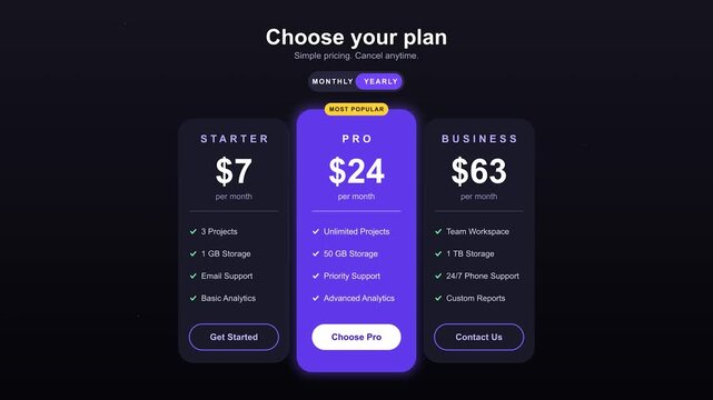 Digital pricing plans appearing with changing costs against dark background during animation