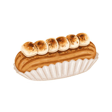 Hand drawn caramel eclair cake with roasted marshmallow topping illustration