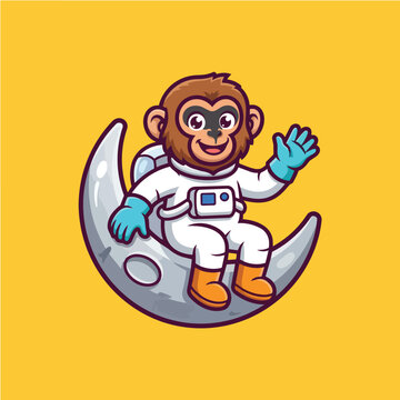 Astronaut Monkey Character Waving in Space Suit