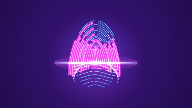 High-tech procedural biometric thumbprint laser scan loop with glowing neon pink and blue lines on a dark purple background for digital security and authentication concepts.