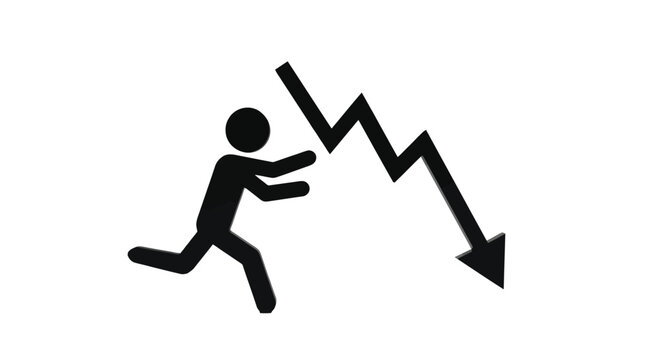 Black stick figure pushing down a sharp financial chart arrow against bright white studio background