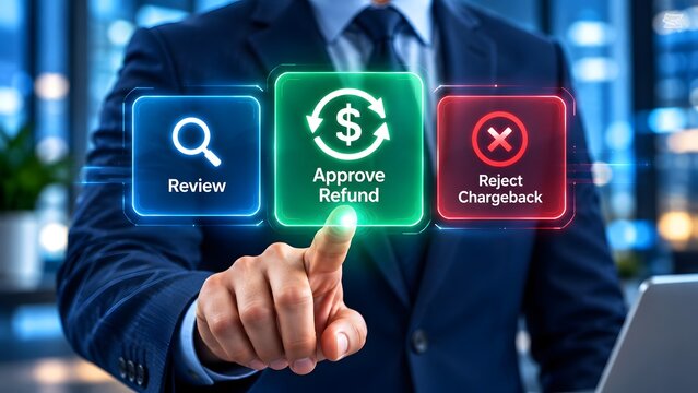 Businessman approving refund via digital interface chargeback process management and financial transaction review concept