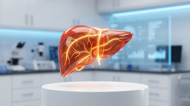 An anatomical liver model with illuminated vascular structures is displayed on a white pedestal organ hepatic lobes