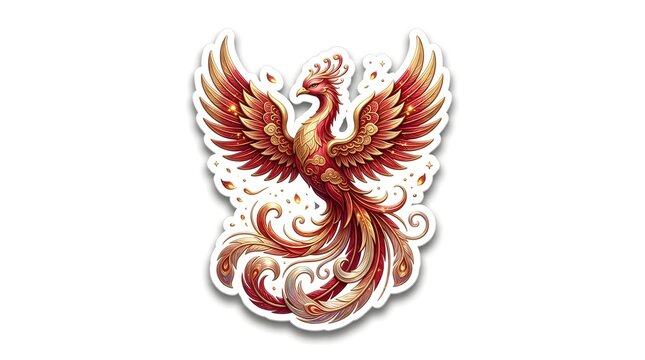 Majestic fire phoenix bird rising with glowing wings isolated on a plain white background
