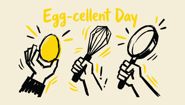 Hand drawn sketch of hands holding egg whisk and frying pan with pun text