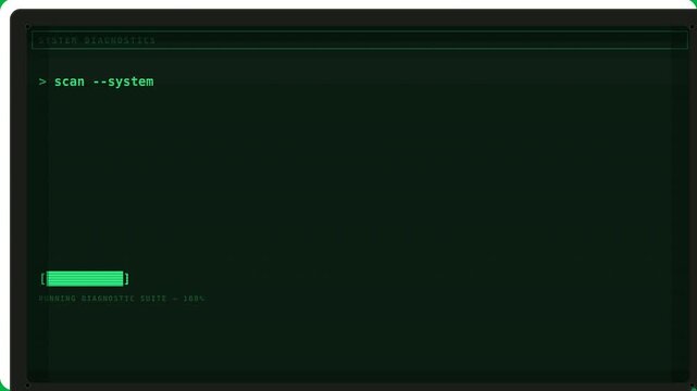 Retro CRT Terminal Animation with Typing Command, Diagnostic Output Lines and ASCII Progress Bar on Green Screen