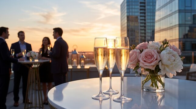 Champagne glasses and rose bouquet sit on a rooftop table during a sunset celebration flutes ros roses