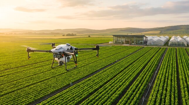 Agricultural drone spraying crops in a large green field during