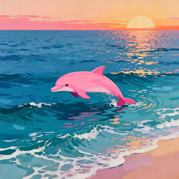 Pink Dolphin Floating On Ocean At Sunset