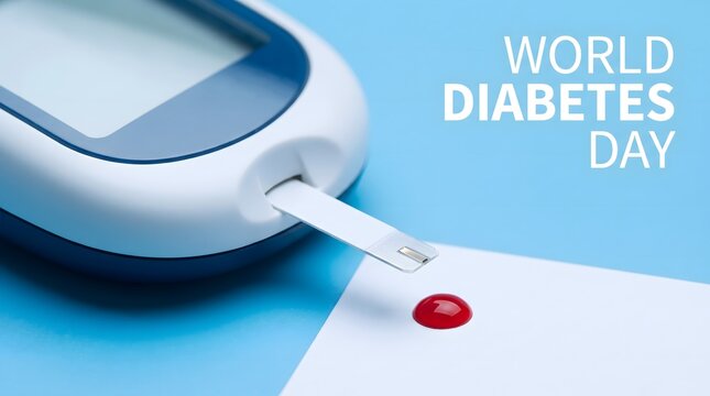 Close up of a blood glucose meter with a test strip and drop of blood for world diabetes day awareness