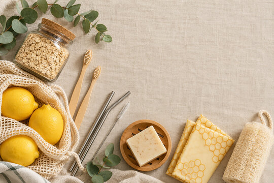 Zero Waste Eco Friendly Home Products Flat Lay on Linen Background