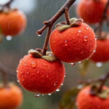 Needle‑felt Persimmons On Branch With Raindrops