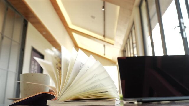 Open book and laptop on desk in modern study room, Japan, Tokyo