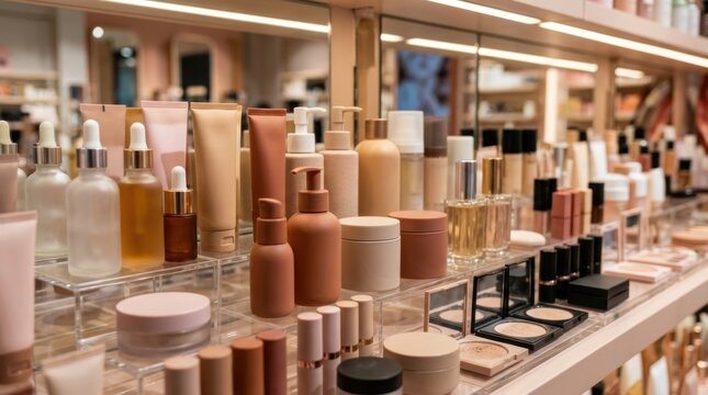 A selection of makeup products neatly arranged on shelves, highlighting various skincare and beauty items