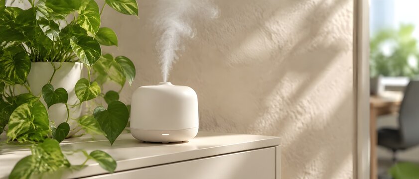 Small matte ultrasonic aroma diffuser releasing a fine mist on a console in an office corner beside a plant