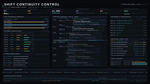 Premium industrial shift handover dashboard with operator transfer, unresolved production alerts, equipment status, and accountability matrix in dark cinematic UI.