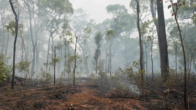 Burnt bushland landscape from a large bushfire passing through remote Cape York, outback Australia. Clip 47
