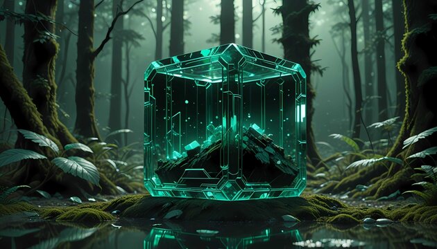 Glowing futuristic crystal cube in a dark forest