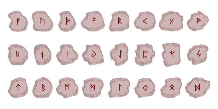 Set of hand drawn viking runes Rune stones with ancient norse alphabet characters engraved on them Scandinavian futhark germanic celtic Single element for design, print, web, decor