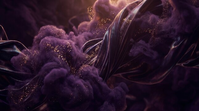 Abstract 3D cosmic background of luxury deep purple velvet ribbons swirling with glowing golden dust and smoke clouds