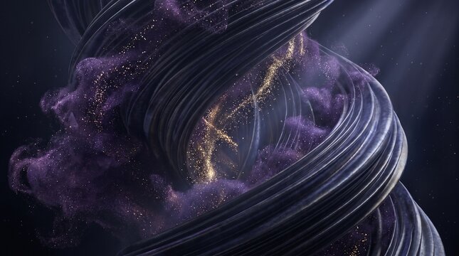 Abstract 3D cosmic background of twisted dark metallic velvet ribbons with swirling purple smoke and glowing golden stardust
