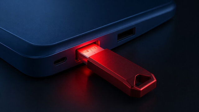Data theft concept glowing red usb flash drive plugged into computer port representing malware infection security breach and information vulnerability