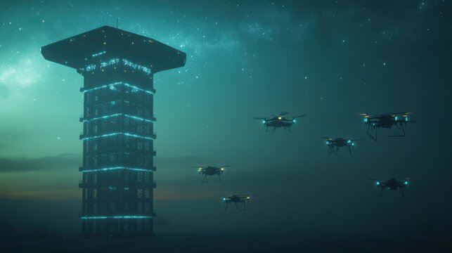A low-angle view of a drone docking station as delivery drones launch at night, guided by blue LED paths against a starry sky