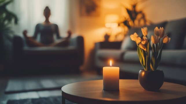 A person does gentle yoga or stretching in a living room at night, with a single candle on a table and flowers nearby during a period of insomnia