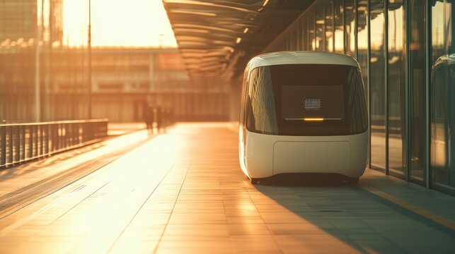 A driverless public pod vehicle waits in a dedicated lane beside station windows as cool light enters and soft light falls on the floor during the day