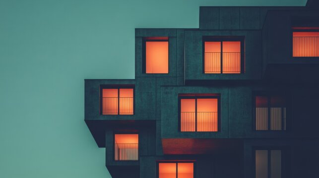 At night, a residential building uses central AI to adjust its facade panels and optimize indoor temperature as its windows glow with light