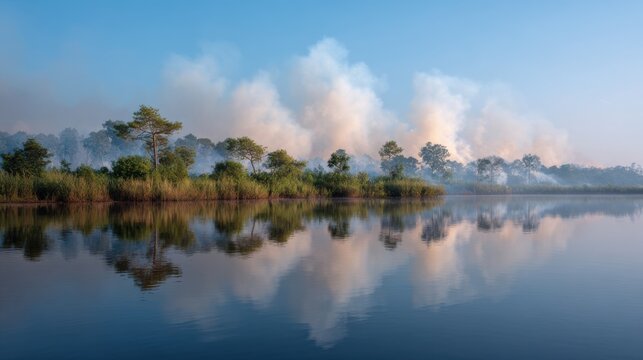Smoke rises behind a treeline along the water, with the fire and smoke reflected on the surface during daylight, showing an ecology metaphor for earth in danger