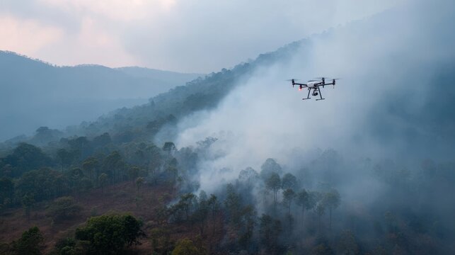A firefighting drone surveys a wildfire zone above a forested hillside, monitoring smoke across the area during daylight