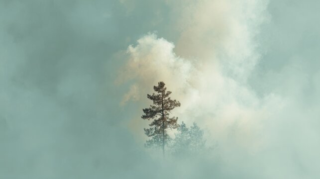 A burned tree stands amid smoke haze in a forest setting, conveying the impact of fire without showing a specific location or time