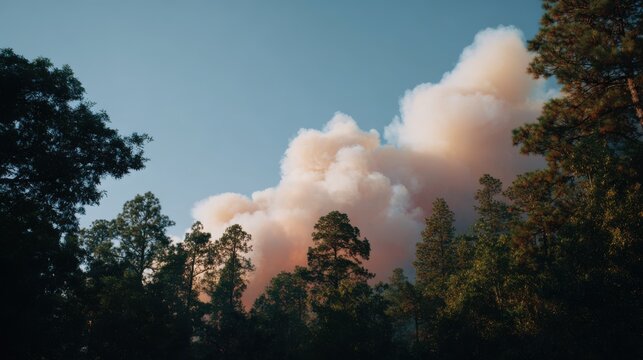 A smoke column rises vertically from burning trees in a forest, with the plume visible above the treetops during the fire