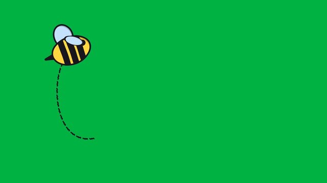 Cute cartoon bee buzzing along a figure eight flight path with a dashed trail and fluttering wings, doodle green screen seamless loop
