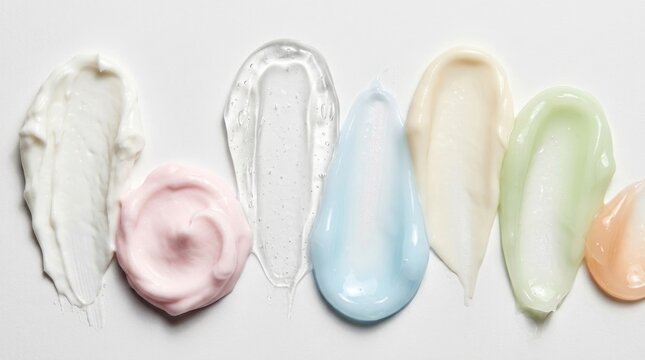 Various colorful creams smeared in parallel lines on a white surface display texture contrast