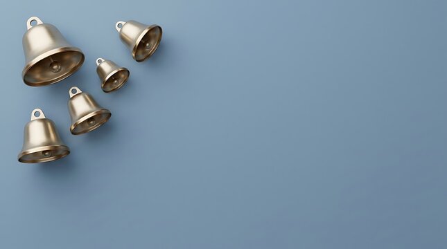 Collection of vintage brass bells arranged on a muted blue background with space for text