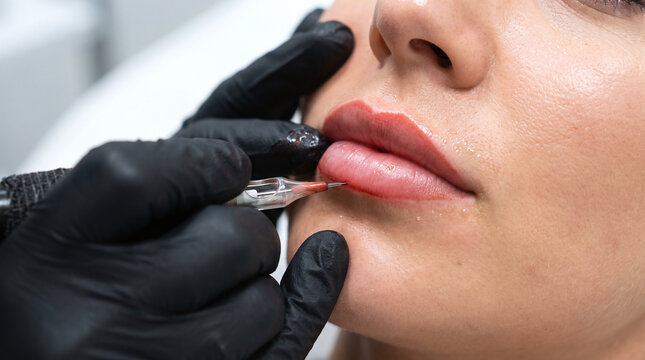 Close-up of cosmetologist doing a permanent lip tattoo on a woman&rsquo;s face
