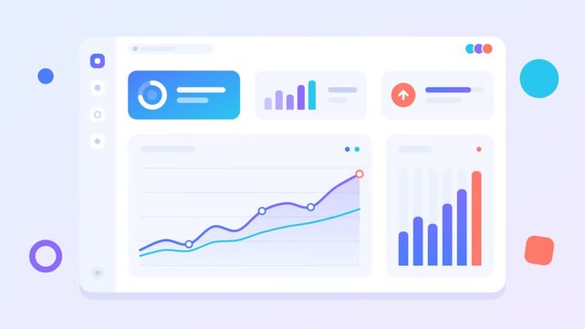 Minimalist business growth dashboard with growing line chart, animated bar graph and metric cards, flat vector 2D motion graphics, no text