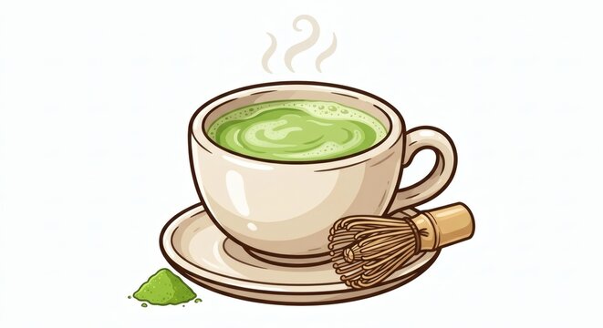 A hand drawn vector illustration of a hot cup of Japanese matcha green tea on a saucer with a bamboo whisk and green tea powder on a clean white background. Perfect for cafe menus, healthy drink conce