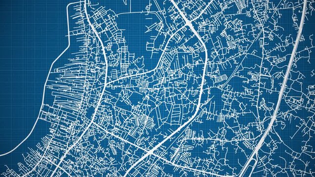 Ink reveal animation of Chaophraya Surasak city, Si Racha, Chonburi, Thailand, grid map. Aerial top view. Blueprint style. White lines with blue background. 4K Seamless loop.