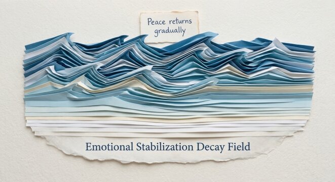 Folded Paper Waves Art Displaying Emotional Stabilization Decay Field with 'Peace returns gradually' Message