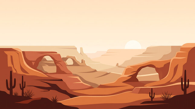 Stylized vector illustration of a desert canyon landscape featuring natural sandstone arches, saguaro cacti, and a setting sun over layered orange cliffs and rugged plateaus.