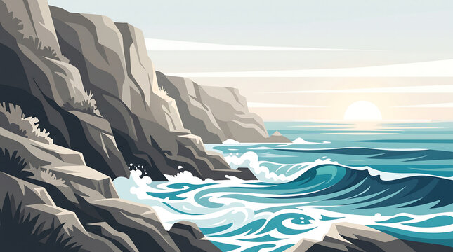 Vector illustration of steep gray coastal cliffs overlooking a turquoise blue ocean with crashing waves and white sea foam under a pale sun at sunrise or sunset in a clean graphic style.