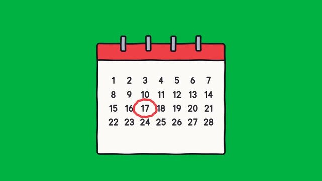 Doodle calendar page popping in as a red marker circles a date with a quick hand drawn loop and small burst marks, reminder element on green screen