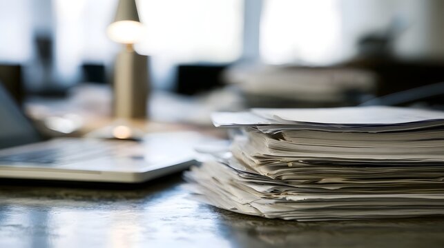 A close up view of a stack of papers on a wooden desk with a laptop and lamp in the background