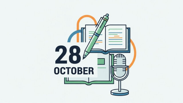  October 28 Calendar Date with Pen, Open Book, and Microphone Icon Illustration for Media, Journalism, or Event Planning, Flat Vector Design on White Background