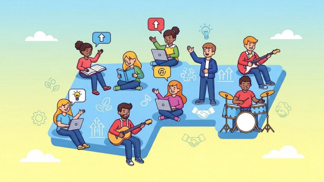  Diverse group of young people collaborating and learning on a blue platform, playing musical instruments, using laptops, and studying in a bright, creative community illustration, AI generated